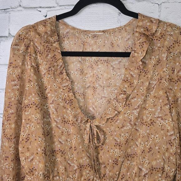 Tan Ruffled Peplum Blouse with Tie Front - Picture 6 of 6